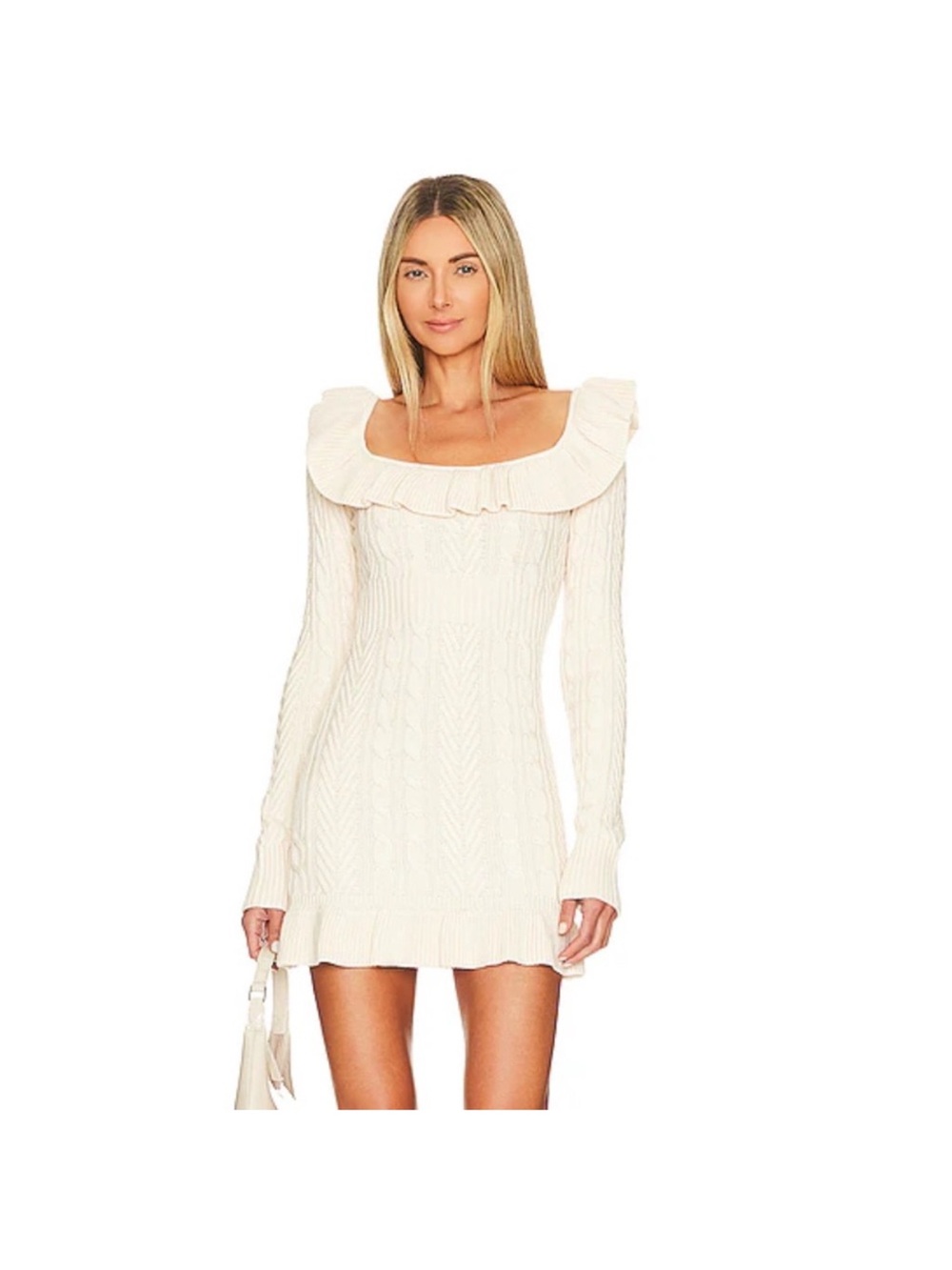 MAJORELLE Cream Ruffle-Square Neck Cable Knit Mini Dress